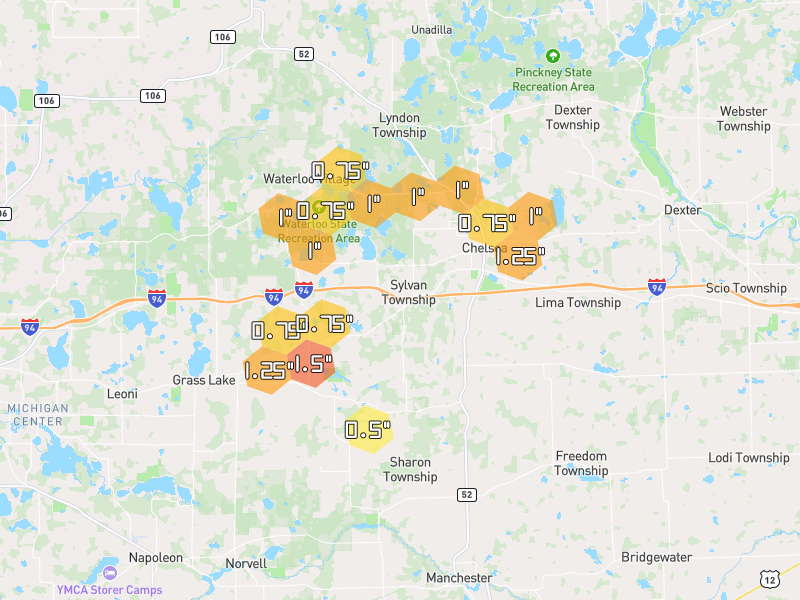Hail map of Chelsea, MI on Jul 3, 2026, hail up to 1.5"