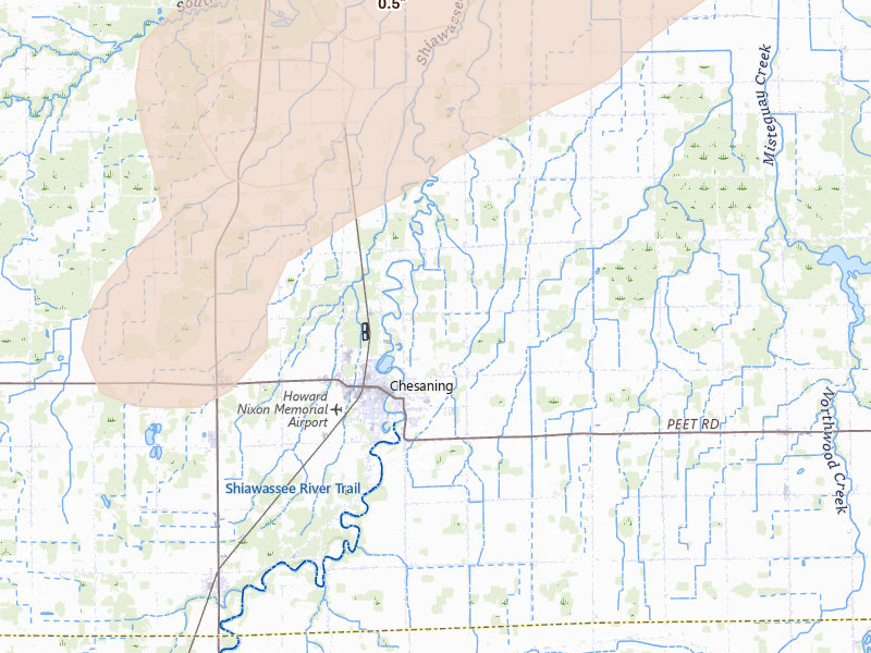 Radar-estimated hail-size map of the storm over Chesaning, MI on Mar 10, 2026