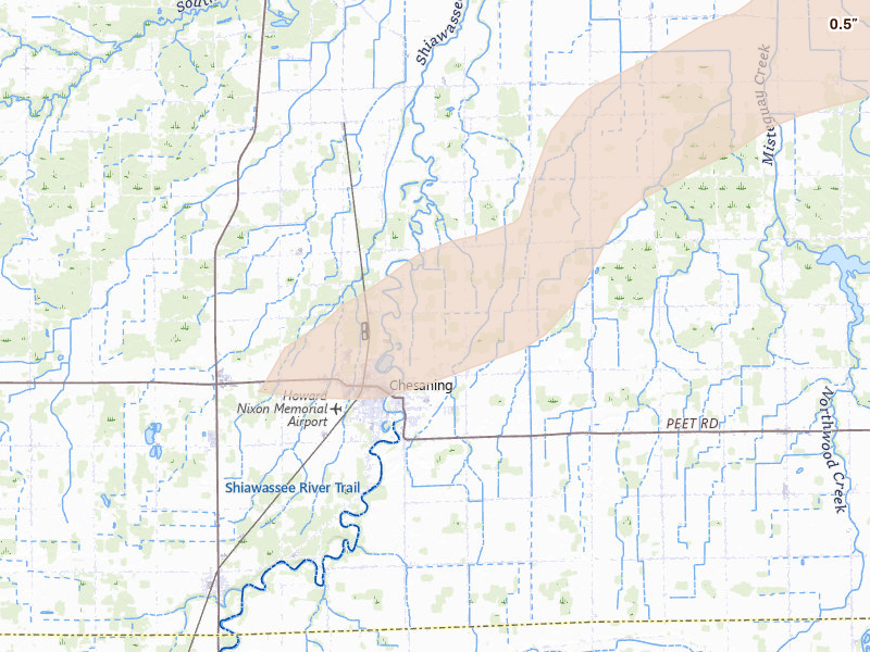 Radar-estimated hail-size map of the storm over Chesaning, MI on Apr 13, 2026