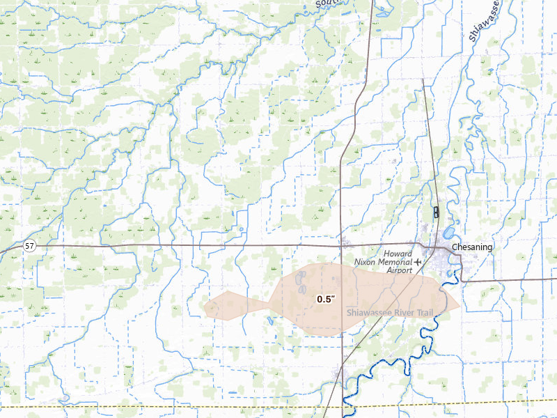 Radar-estimated hail-size map of the storm over Chesaning, MI on Sep 1, 2026