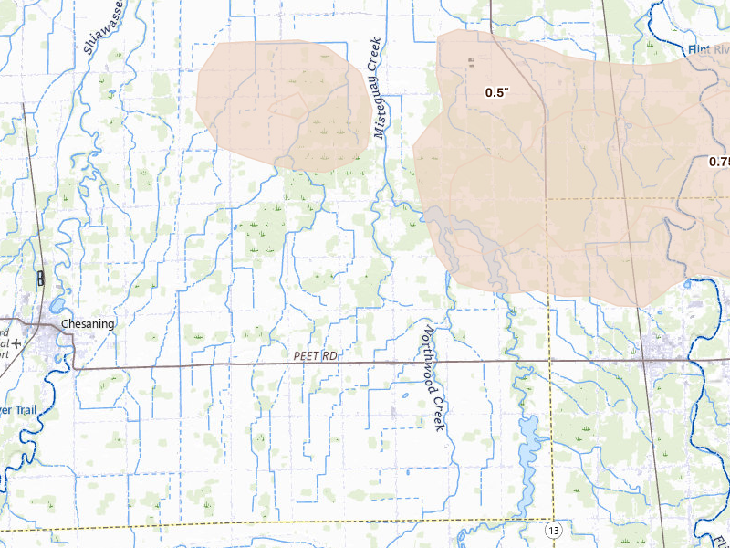 Radar-estimated hail-size map of the storm over Chesaning, MI on Sep 2, 2026