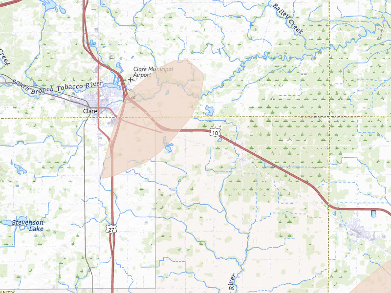 Radar-estimated hail-size map of the storm over Clare, MI on Jun 16, 2026