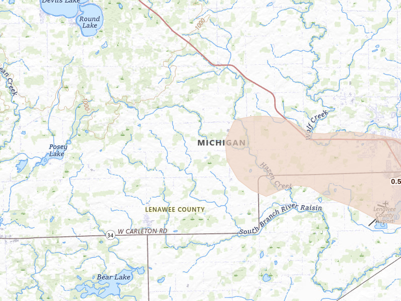 Radar-estimated hail-size map of the storm over Clayton, MI on Mar 26, 2026