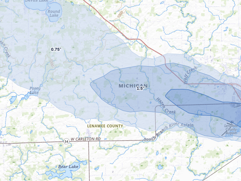 NEXRAD radar-signature map of the hail storm over Clayton, MI on Mar 26, 2026