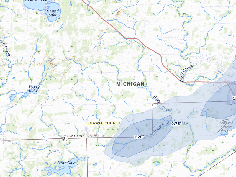NEXRAD radar-signature map of the hail storm over Clayton, MI on May 4, 2026