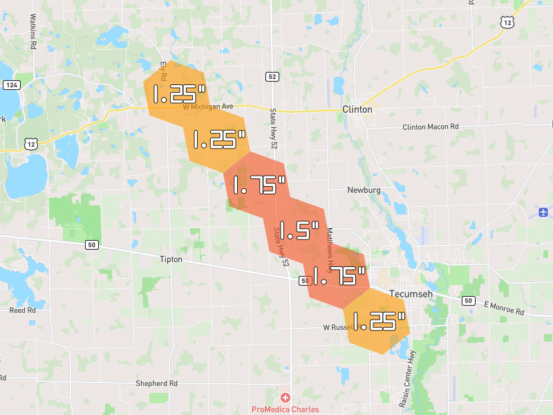 Hail map of Clinton, MI on Jul 28, 2026, hail up to 1.75"