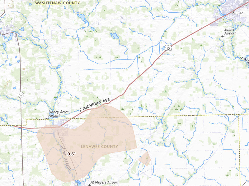 Radar-estimated hail-size map of the storm over Clinton, MI on Aug 9, 2026