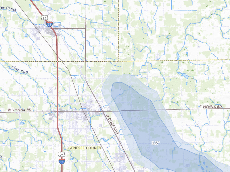 NEXRAD radar-signature map of the hail over Clio, MI