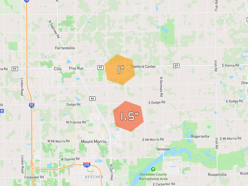 Hail map of Clio, MI on Jul 21, 2026, hail up to 1.5"
