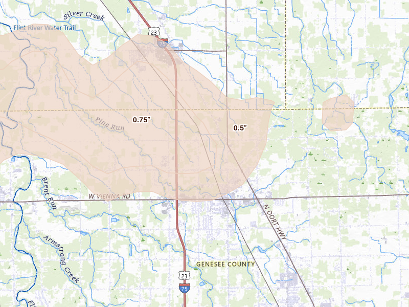 Radar-estimated hail-size map of the storm over Clio, MI on Sep 2, 2026