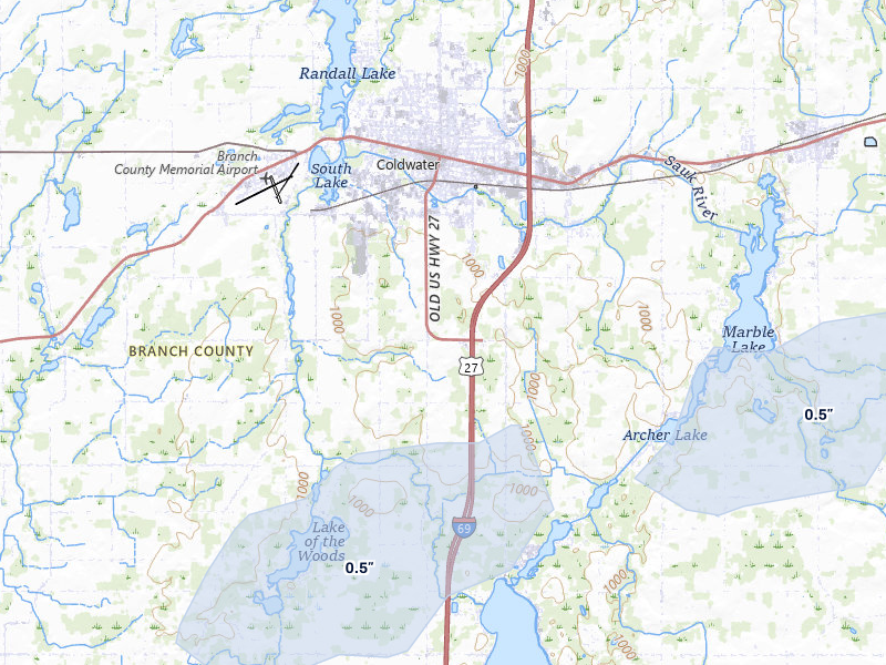 NEXRAD radar-signature map of the hail storm over Coldwater, MI on May 4, 2026