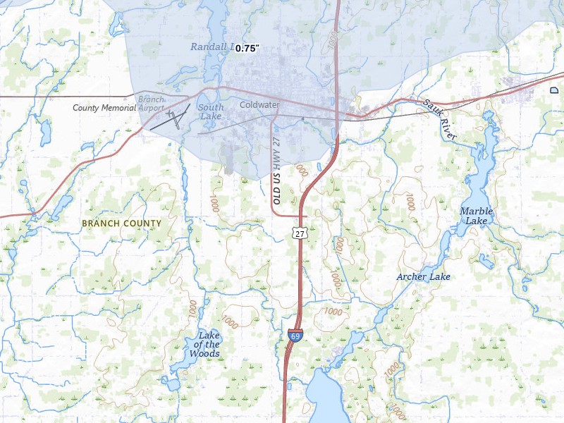 NEXRAD radar-signature map of the hail storm over Coldwater, MI on Jul 3, 2026
