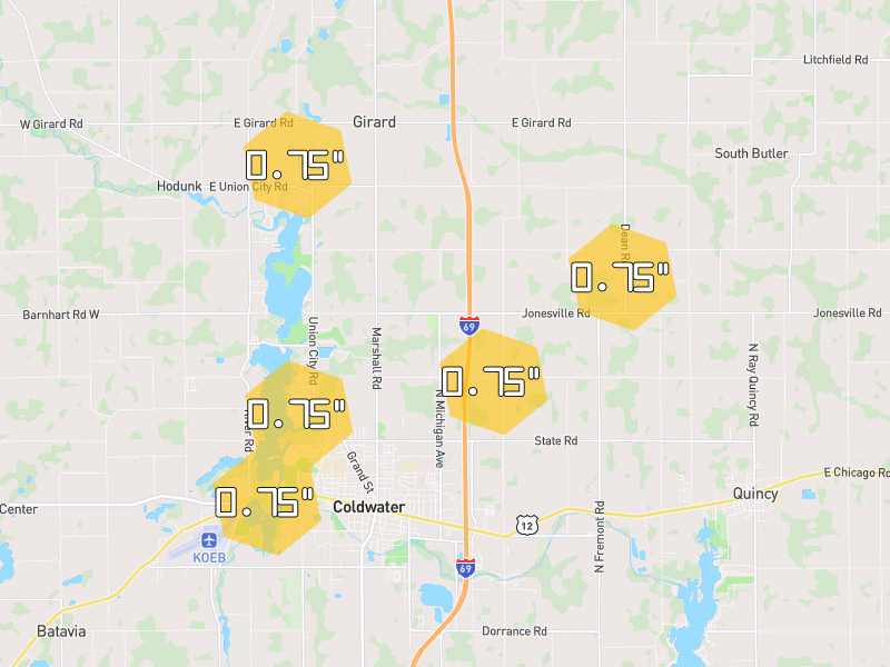 Hail map of Coldwater, MI on Jul 3, 2026, hail up to 0.75"