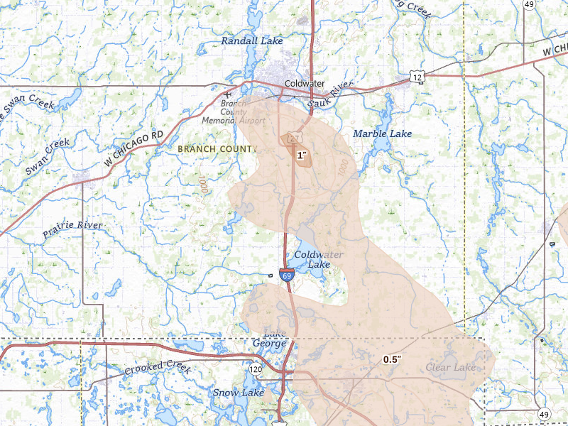 Radar-estimated hail-size map of the storm over Coldwater, MI