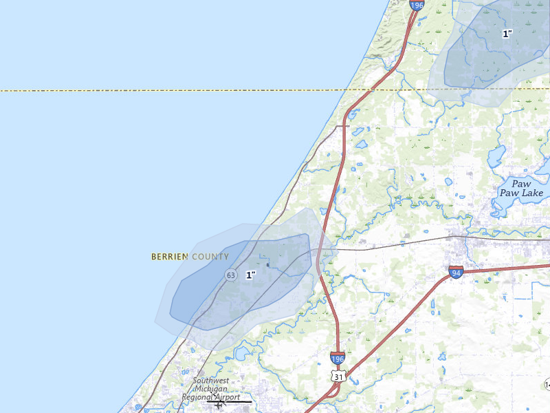 NEXRAD radar-signature map of the hail storm over Coloma, MI on Jul 3, 2026