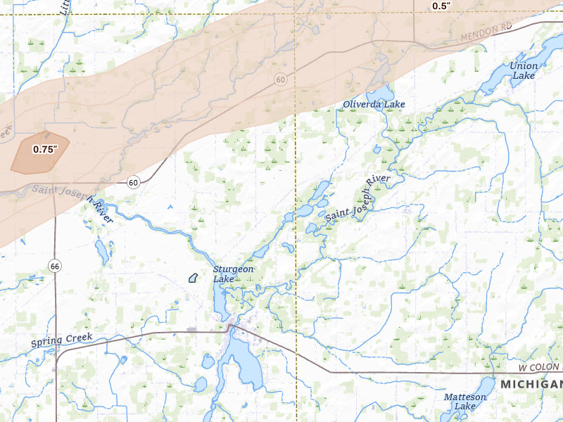 Radar-estimated hail-size map of the storm over Colon, MI on Mar 6, 2026