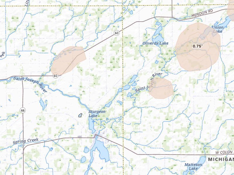 Radar-estimated hail-size map of the storm over Colon, MI on May 18, 2026