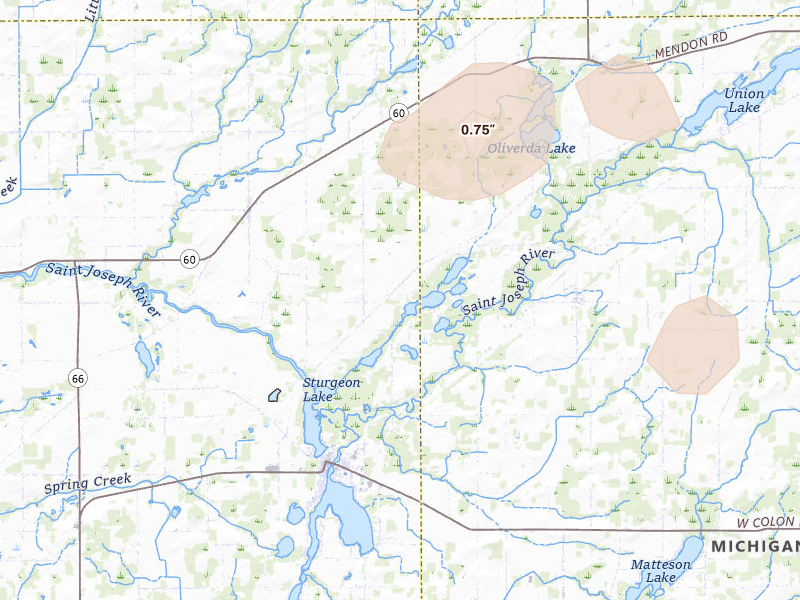 Radar-estimated hail-size map of the storm over Colon, MI on Jul 3, 2026