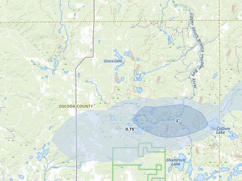 NEXRAD radar-signature map of the hail storm over Comins, MI on Jul 1, 2026