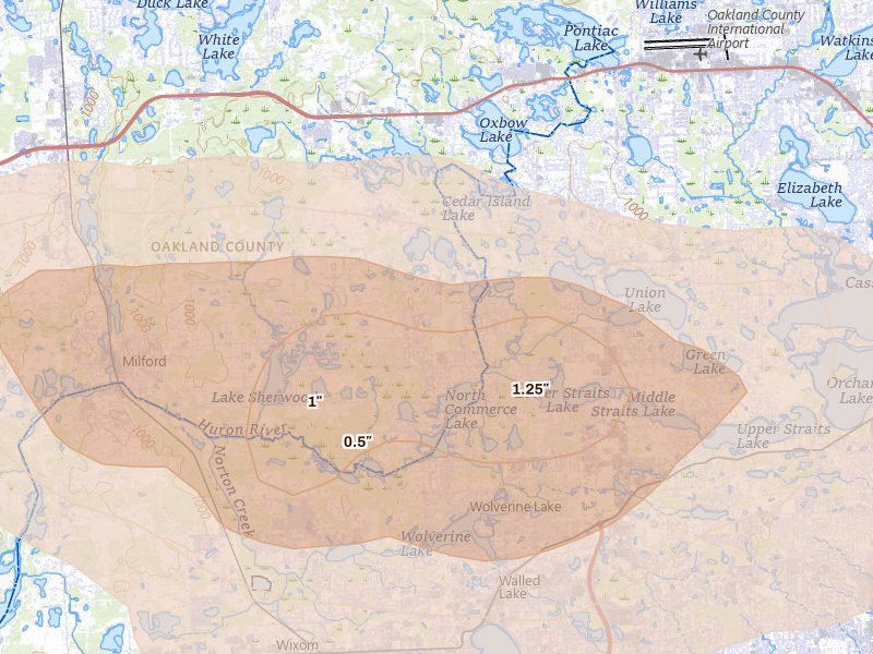 Radar-estimated hail-size map of the storm over Commerce Township, MI on Sep 2, 2026