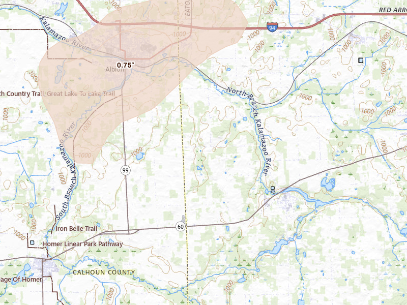 Radar-estimated hail-size map of the storm over Concord, MI on Jul 3, 2026