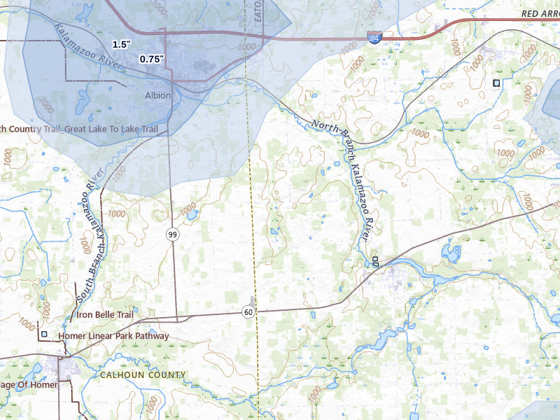 NEXRAD radar-signature map of the hail storm over Concord, MI on Jul 3, 2026