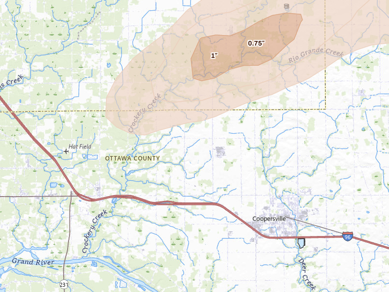 Radar-estimated hail-size map of the storm over Coopersville, MI on Mar 10, 2026