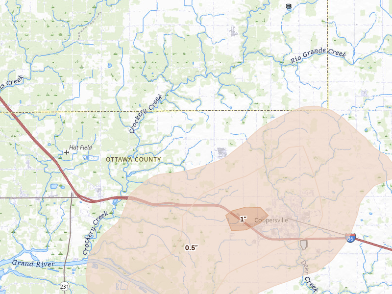 Radar-estimated hail-size map of the storm over Coopersville, MI on Apr 14, 2026