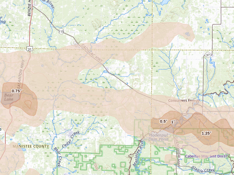 Radar-estimated hail-size map of the storm over Copemish, MI on Mar 30, 2026