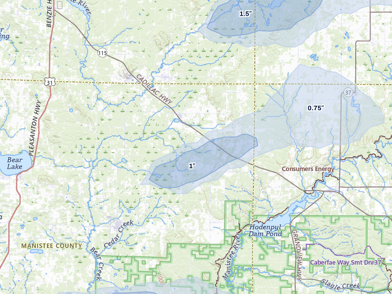 NEXRAD radar-signature map of the hail storm over Copemish, MI on Jul 1, 2026