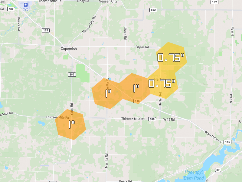 Hail map of Copemish, MI on Jul 2, 2026, hail up to 1"