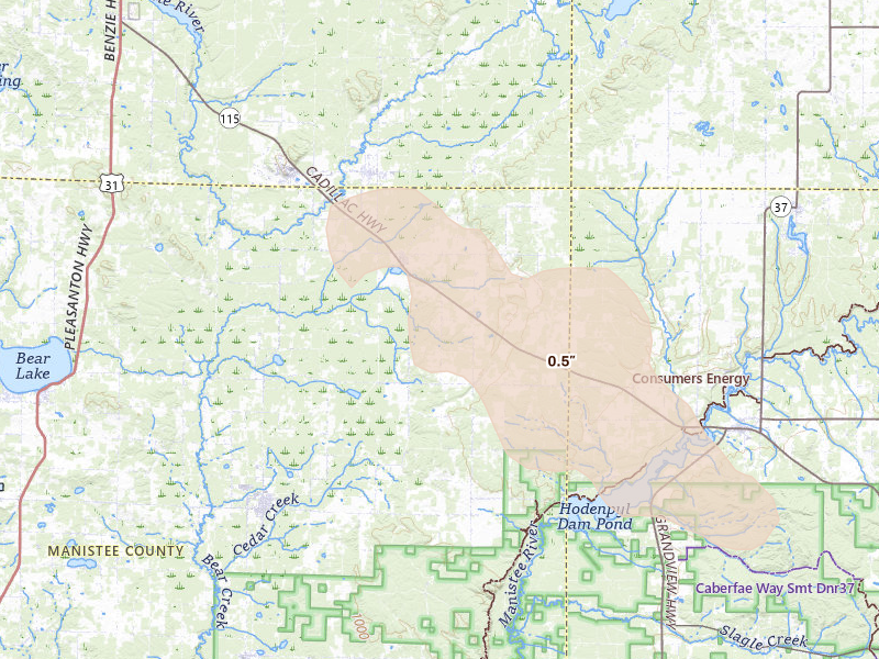 Radar-estimated hail-size map of the storm over Copemish, MI on Jul 20, 2026