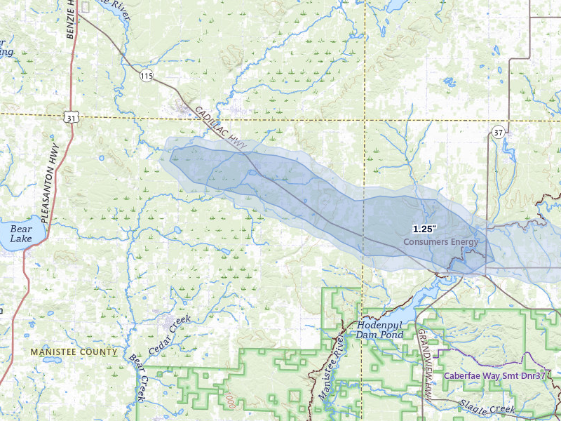 NEXRAD radar-signature map of the hail storm over Copemish, MI on Jul 20, 2026