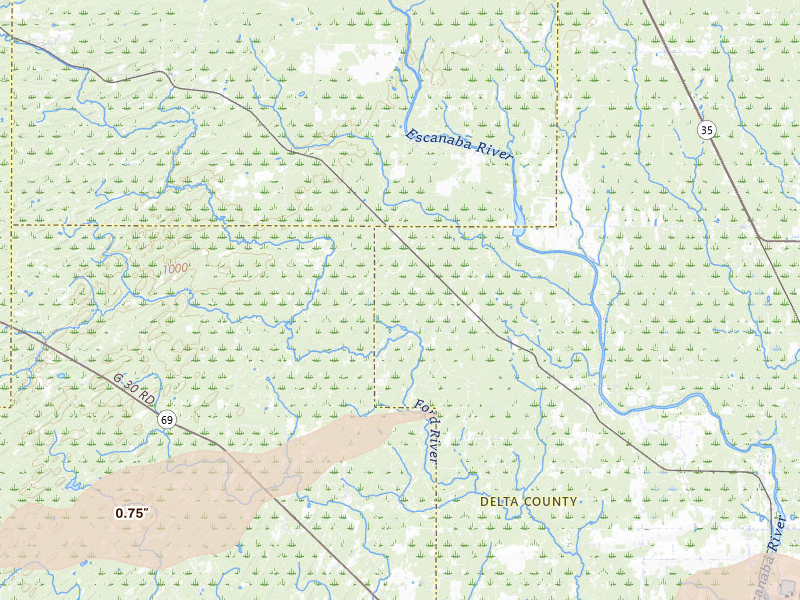 Radar-estimated hail-size map of the storm over Cornell, MI on Jun 28, 2026