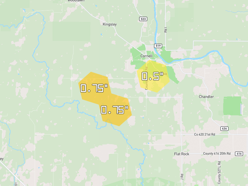 Hail map of Cornell, MI on Jun 29, 2026, hail up to 0.75"
