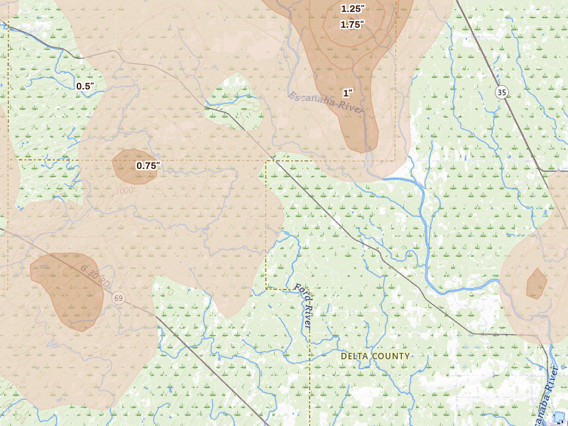 Radar-estimated hail-size map of the storm over Cornell, MI on Jul 12, 2026