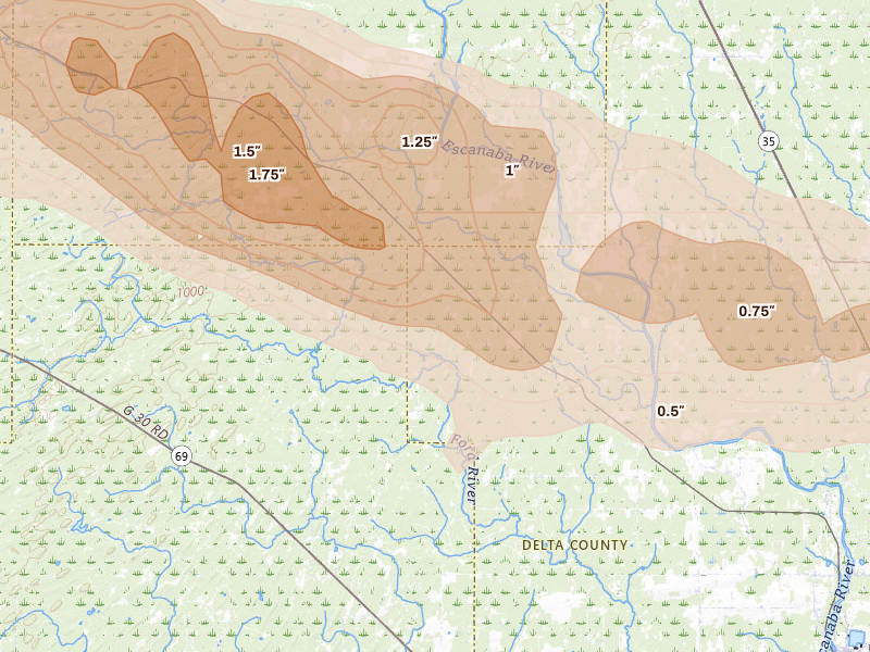 Radar-estimated hail-size map of the storm over Cornell, MI on Jul 20, 2026