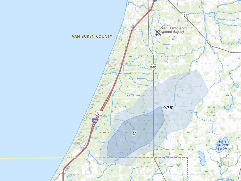 NEXRAD radar-signature map of the hail over Covert, MI