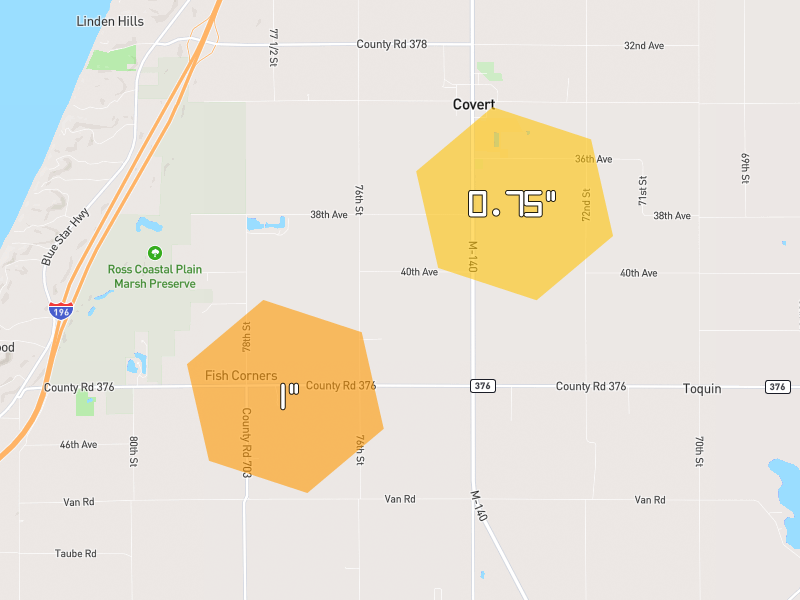 Hail map of Covert, MI on Jul 4, 2026, hail up to 1"