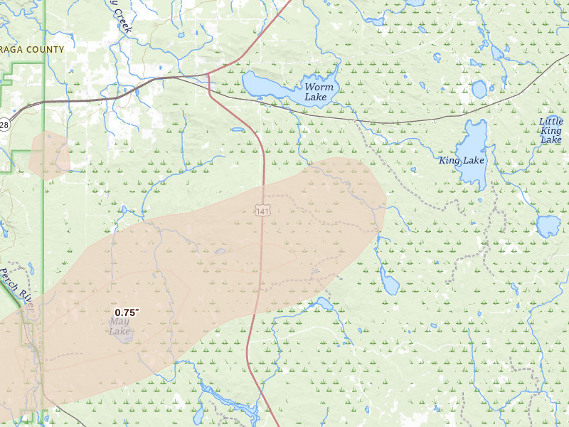 Radar-estimated hail-size map of the storm over Covington, MI on Aug 7, 2026
