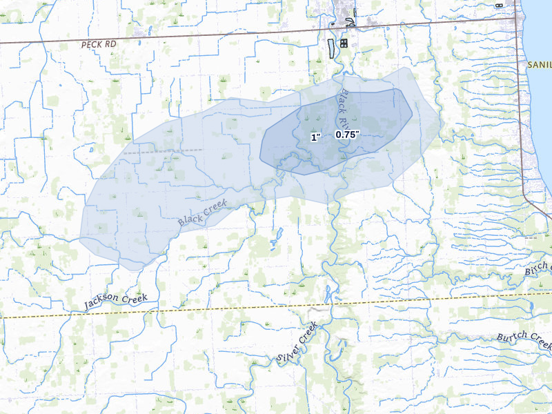 NEXRAD radar-signature map of the hail over Croswell, MI