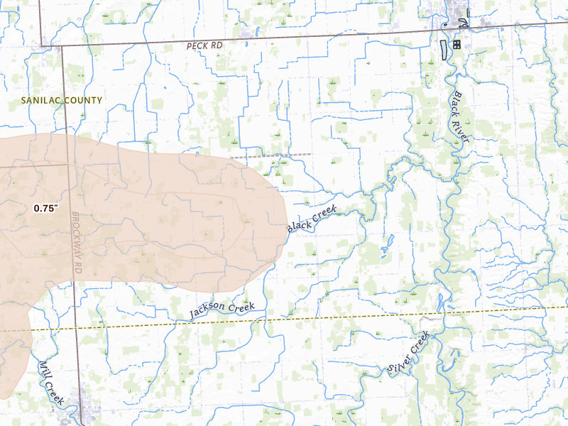 Radar-estimated hail-size map of the storm over Croswell, MI on Sep 2, 2026