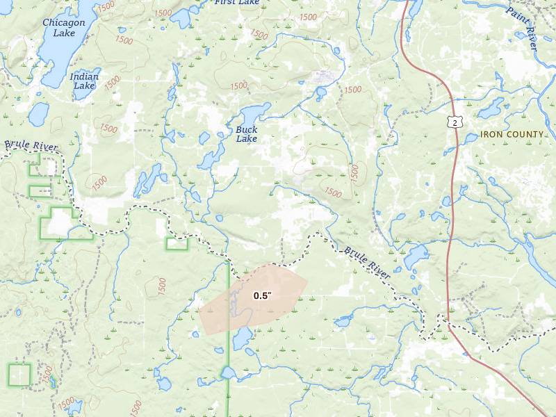 Radar-estimated hail-size map of the storm over Crystal Falls, MI on Jun 5, 2026