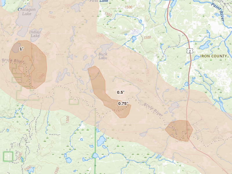 Radar-estimated hail-size map of the storm over Crystal Falls, MI on Jul 20, 2026