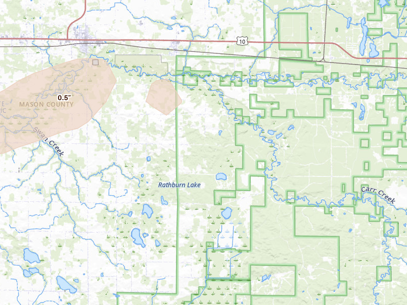 Radar-estimated hail-size map of the storm over Custer, MI on Jun 30, 2026