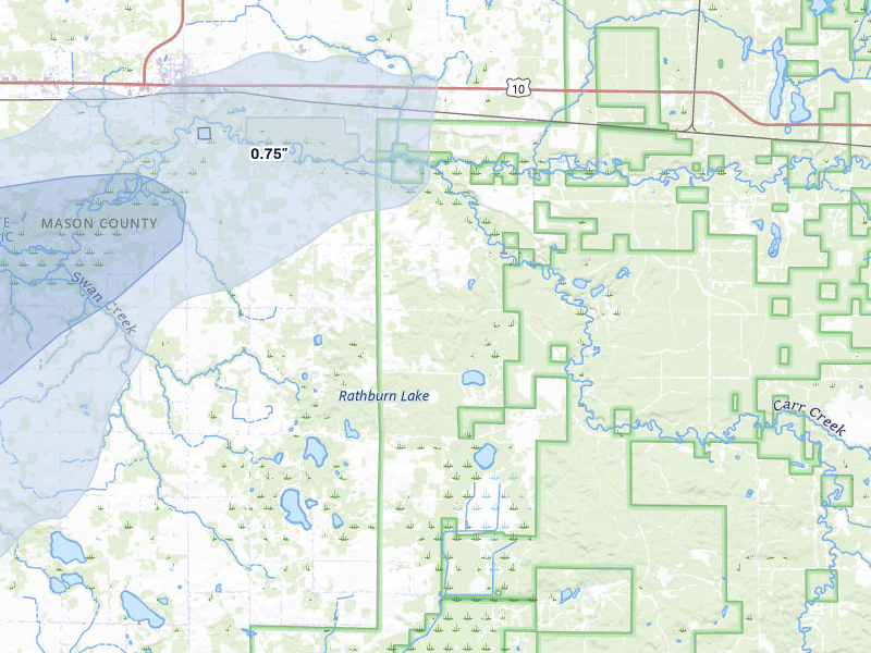 NEXRAD radar-signature map of the hail storm over Custer, MI on Jun 30, 2026