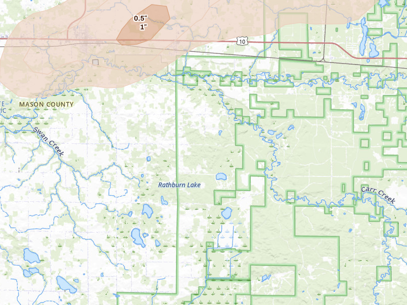 Radar-estimated hail-size map of the storm over Custer, MI on Jul 1, 2026