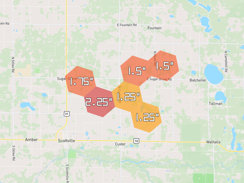 Hail map of Custer, MI on Jul 1, 2026, hail up to 2.25"