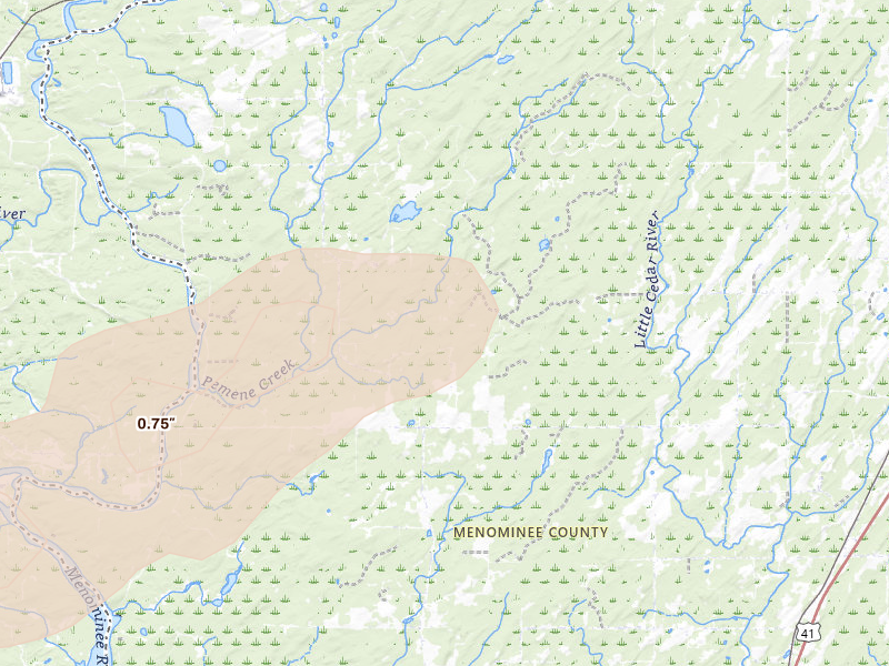 Radar-estimated hail-size map of the storm over Daggett, MI on Jun 28, 2026
