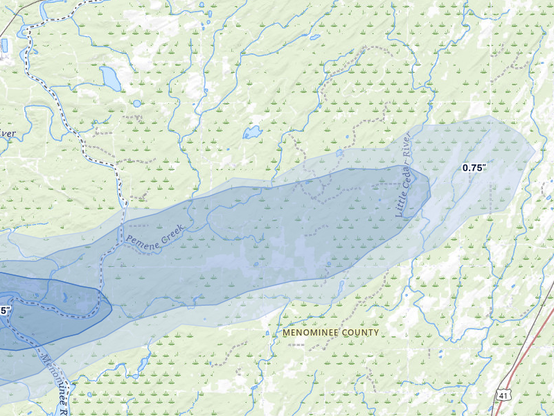 NEXRAD radar-signature map of the hail storm over Daggett, MI on Jun 28, 2026